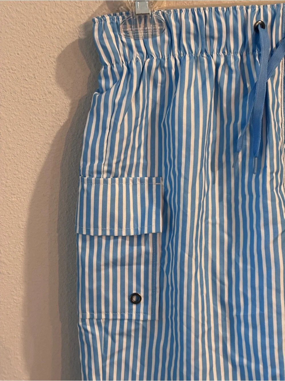 Outdoor Oasis Boys Blue & White Vertical Stripe Lined Swim Trunks, M 10/12, NWT